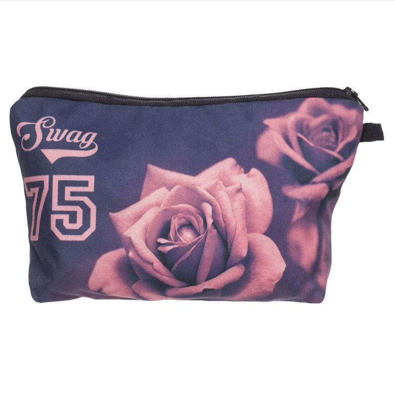 

The Rose Print Cosmetics Bag Fashion Women Clutch Makeup Brush Storage Portable Travel Zipper Toiletry Mobile Bag Purse Storage