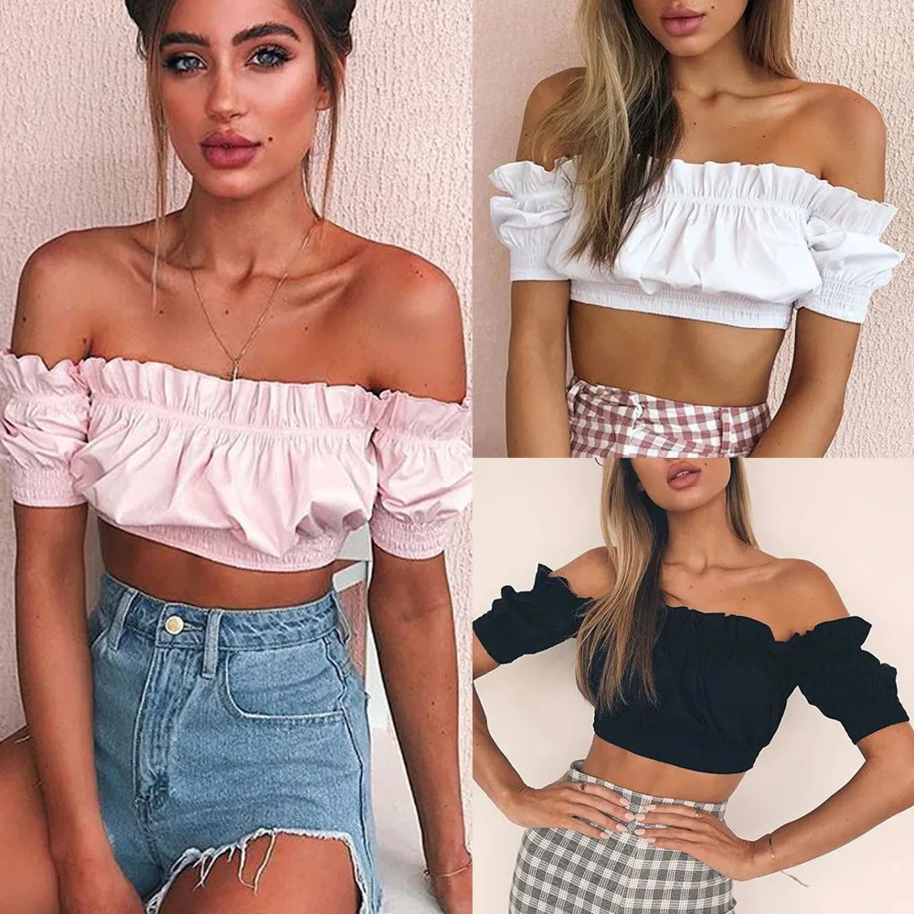 Модные повседневные женские летние розовые белые черные с открытыми плечами