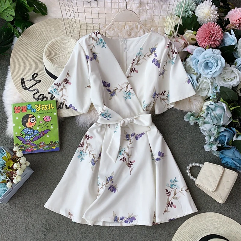 

Spring Summer Ladies Fashion 2021 New Temperament Dress V Neck High Waist Bandage Short Sleeve Print Women's Mini Dress