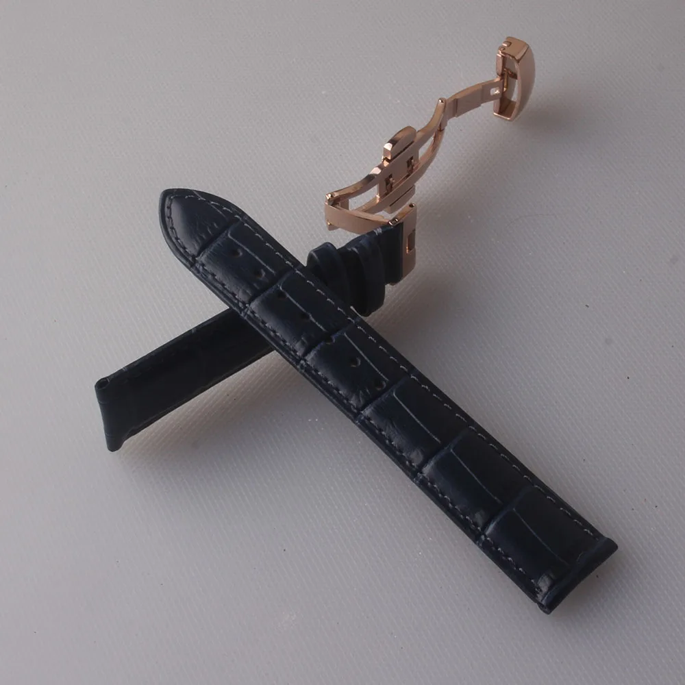 Ремешок из натуральной кожи для часов тёмно синий браслет наручных с застежкой