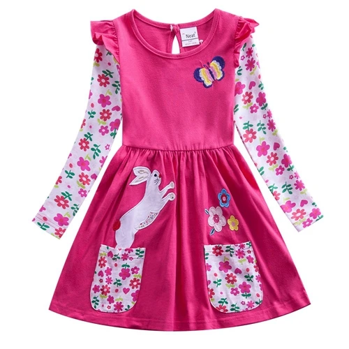 81036 fuchsia Длинные платья для девочек; Новинка года; сезон осень-весна; повседневное Хлопковое платье с рисунком для девочек; платье с вышивкой и длинными рукавами для девочек; 81035 - Цвет: 81036 fuchsia