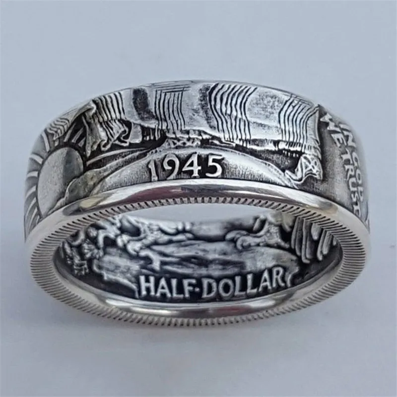 

Coin Rings Vintage Morgan Half Dollar 1945 Carved "the United State of American" Ring In God We Trust Collecting Jewelry