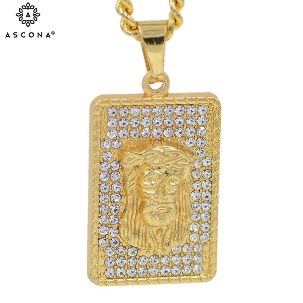 

Hip Hop Iced Out Jesus Head Pendant Necklace Man's Bling Rhinestone Crystal Gold Color Cuban Chain Necklace Rapper Jewelry