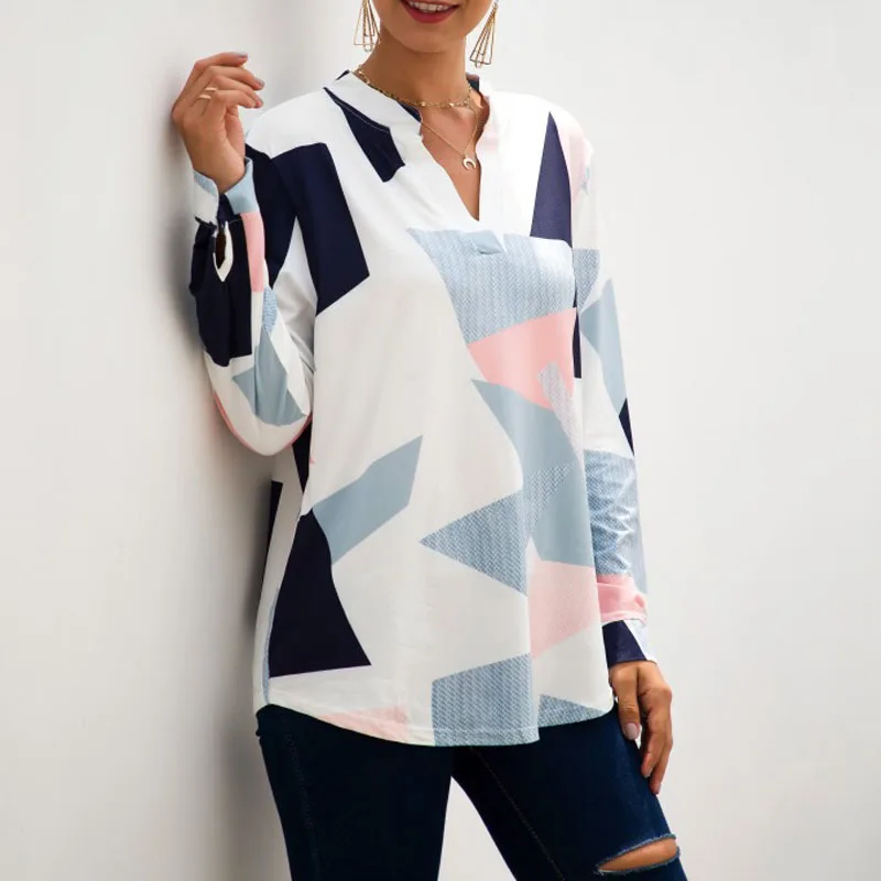 

Geometric Printed Long Sleeve Office Blouse Women Autumn 2019 New Office Ladies Formal Work Blouses Tees Shirts Tops