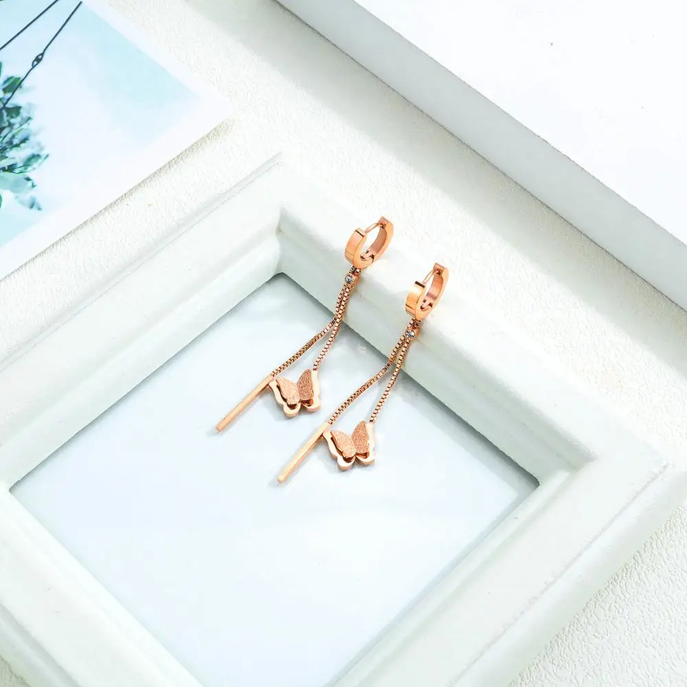 Женские серьги-кольца с бабочкой EyeYoYo длинные цепочки из нержавеющей стали