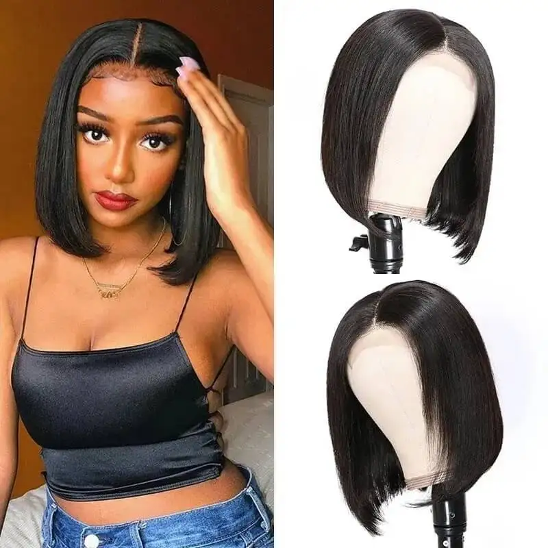 

4x4 Lace Closure Human Hair Wigs Blunt Cut Short Lace Front Human Hair Wigs Pre Pluck Brazilian Straight Wig Free Shipping