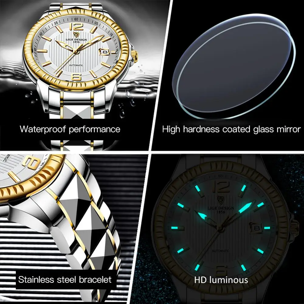 Часы наручные LIGE Мужские автоматические деловые механические Спортивные модные