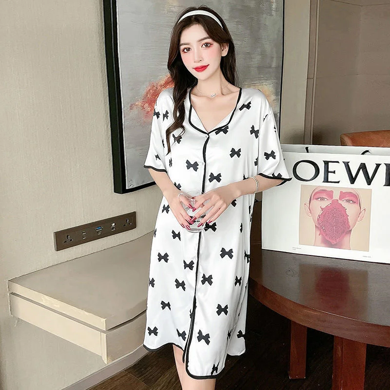 

2021 new nightdress women's summer ice silk thin sexy out medium long bow short sleeve large pajamas