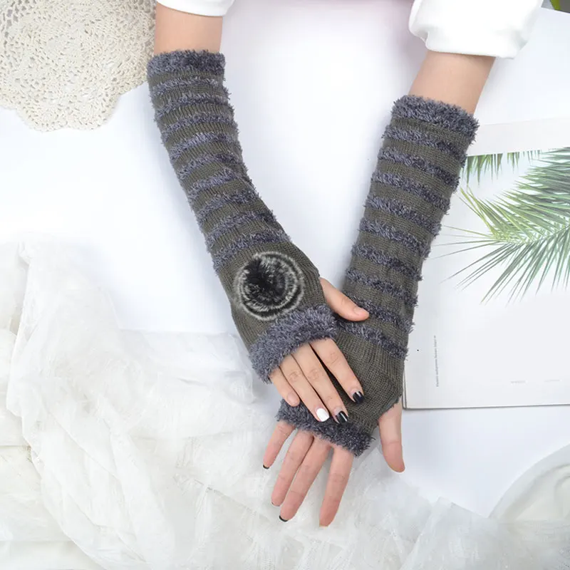 

1 Pair Winter Women Girls Arm Gloves Long Half Knitted Arm Sleeves Winter Mittens Striped Fingerless Cotton Long Wristband