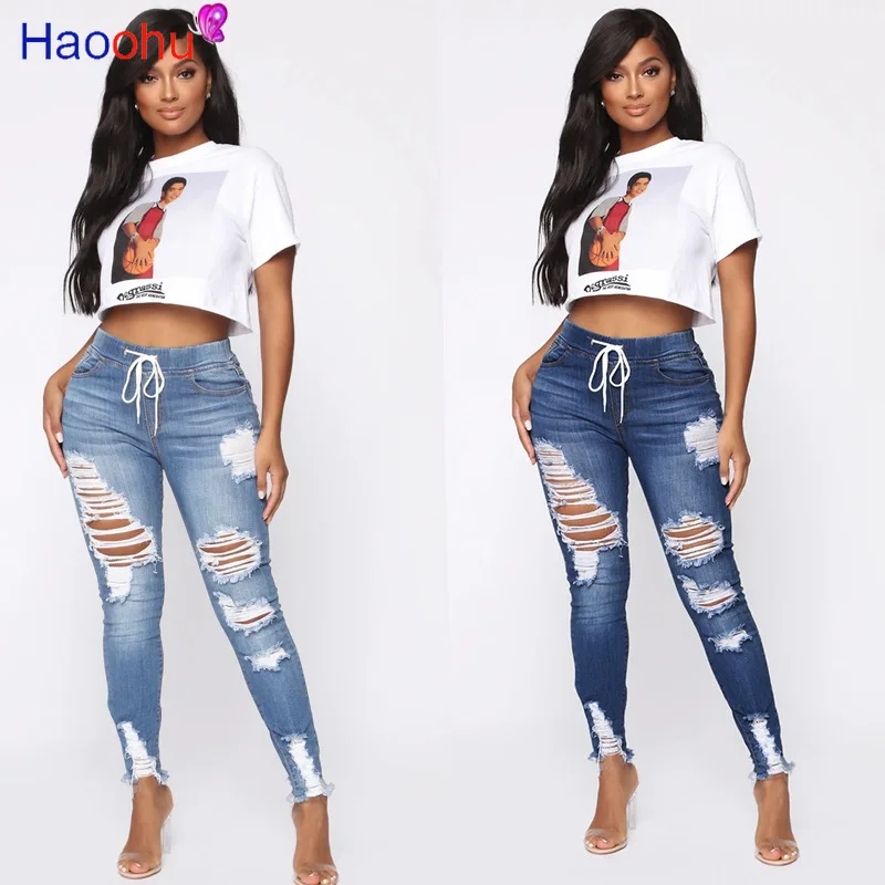 

HAOOHU Blue Ripped Jeans for Women 2021 Lace-up Street Style Sexy High Waist Trouser Stretch Skinny Hole Denim Pencil Pants