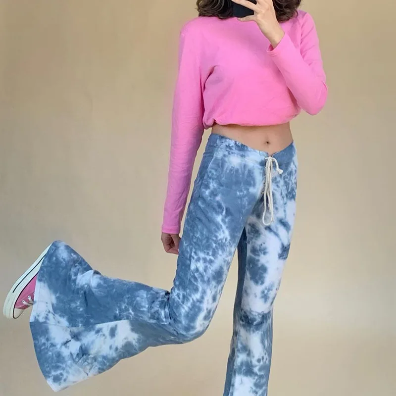 

New Fashion Women Pants Casual Chic Trendy Tie Dye Long Flared Pants Elastic Drawstring High Waist Wide Bottom Trousers