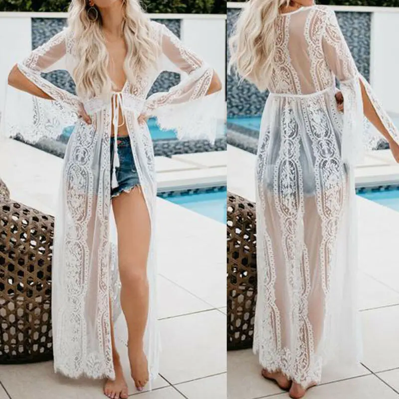 Женское кружевное кимоно в стиле бохо рубашка кардиган длинная Пляжная накидка