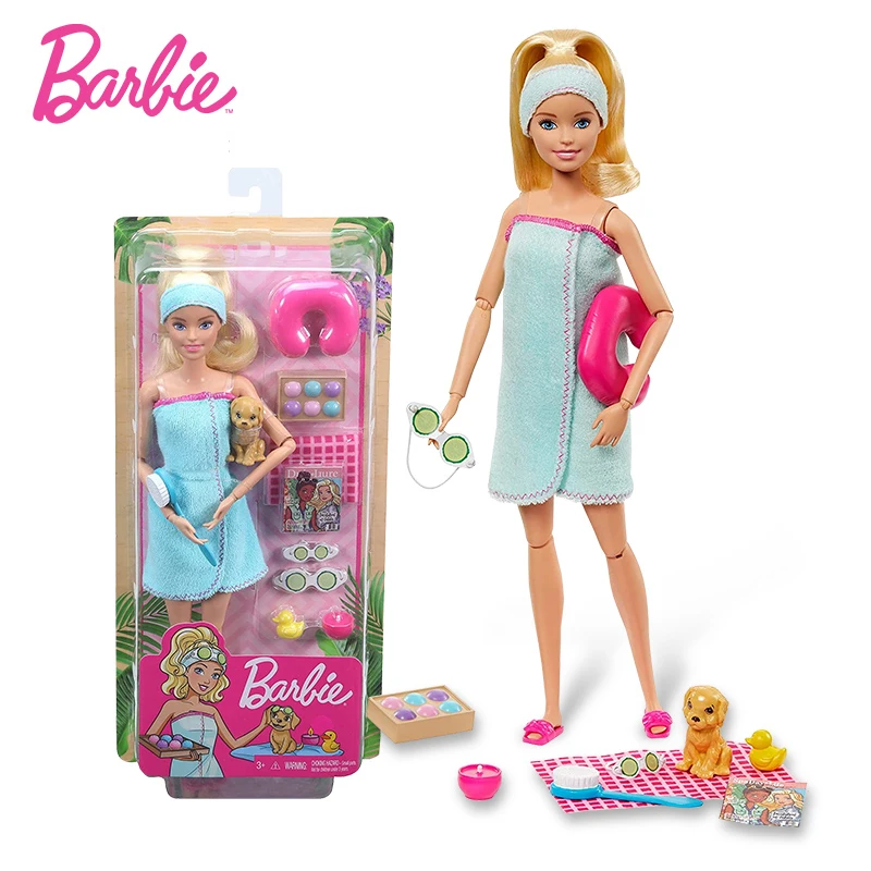 

Original Barbie Brand Toys Spa Day Bath Doll Puppy Articulated GJG55 Blond Girl Lovely Accessories Kids Toy For Present