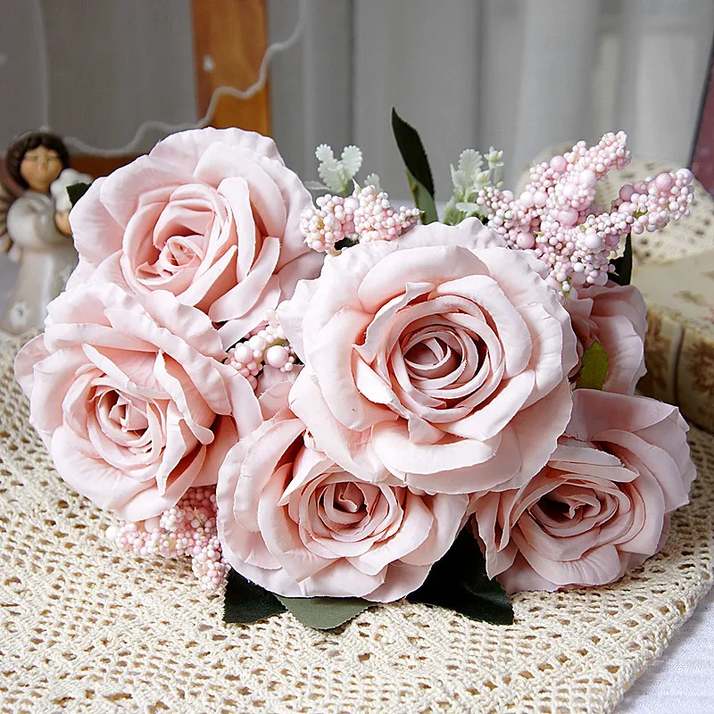 

Роскошный большой букет роз, шелковая искусственная пена для дома, отеля, демонстрация фотографий, свадебное украшение, цветы с листьями