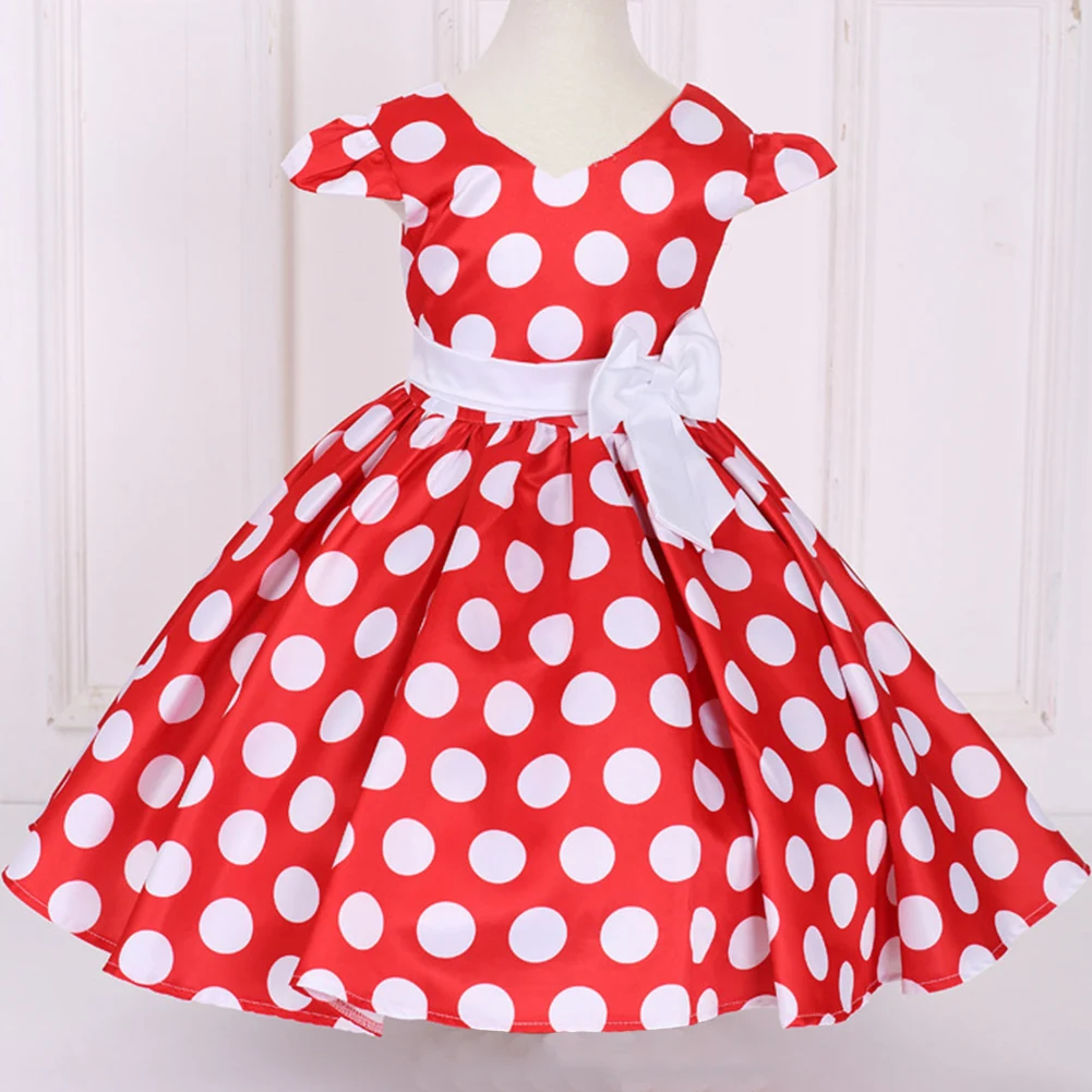 

18M-6Y Baby Girls Vintage Dress Short Sleeve Fluffy Dress With Polka Dot Pattern Princess Party Dress Bowknot Decor