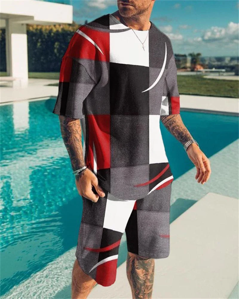 

2021 European and American summer men's trend casual beach style texture 3D digital printing T-shirt and shorts suit