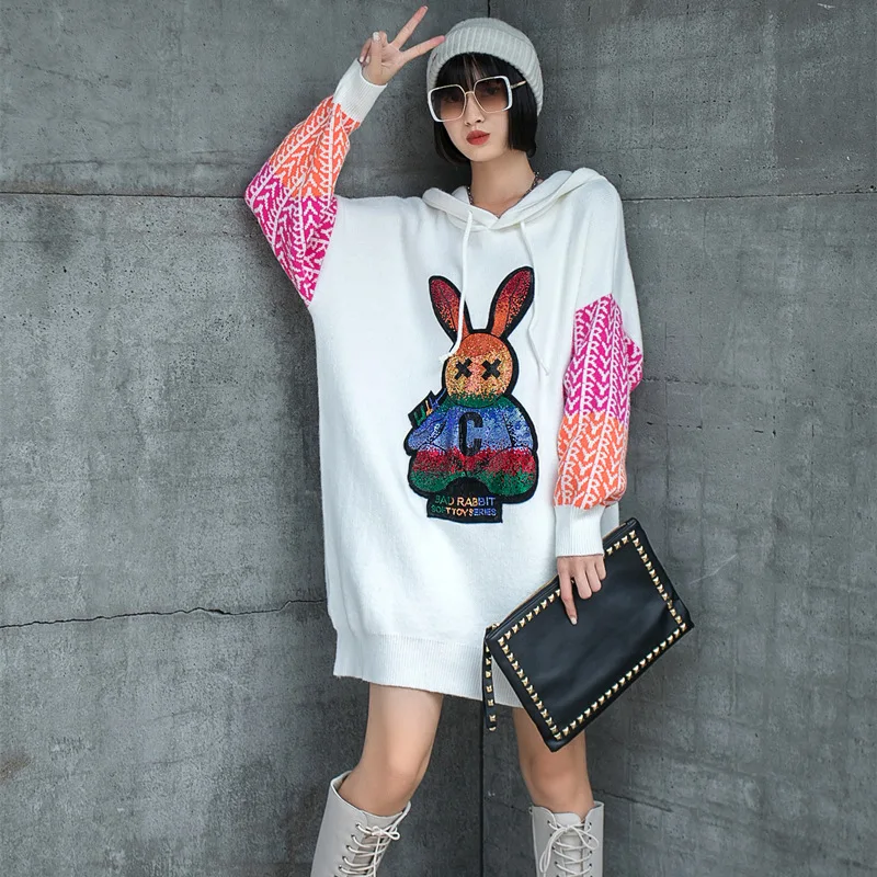 

Women Cartoon Crystal Diamond Knit Letter Thick Kawaii Long Hoodie 2021 Fall Winter Black Fashion Oversized Harajuku Sweatshirts