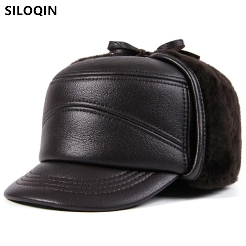 SILOQIN New Winter Men's Fur Hat Genuine Leather Cap Sheepskin Fur Warm Bomber Hats Cold Proof Ski Cap Plus Velvet Earmuffs Caps