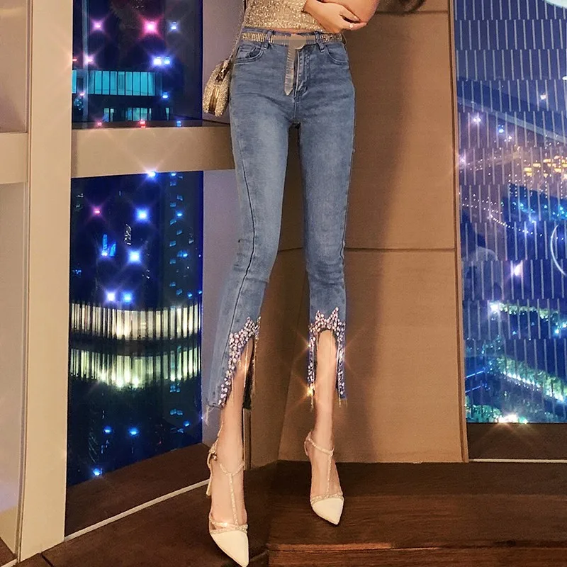 Beading High Waist Jeans Women 2020 New Split Slim Fit Flare Trousers Fashion Elegant Street Zipper Denim Wide Leg Pants S-L