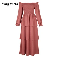 spring and autumn retro woman cake dress sexy off shoulder long sleeved frilled dress elegant tube top red bean paste dress