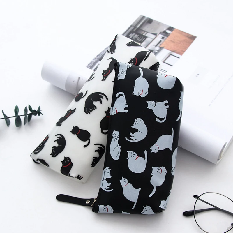 

1pcs/lot Cute White Black Cats Silica gel Stationery Pen Pencil 4 Colors Makeup Pouch Bag Student Office School Tool