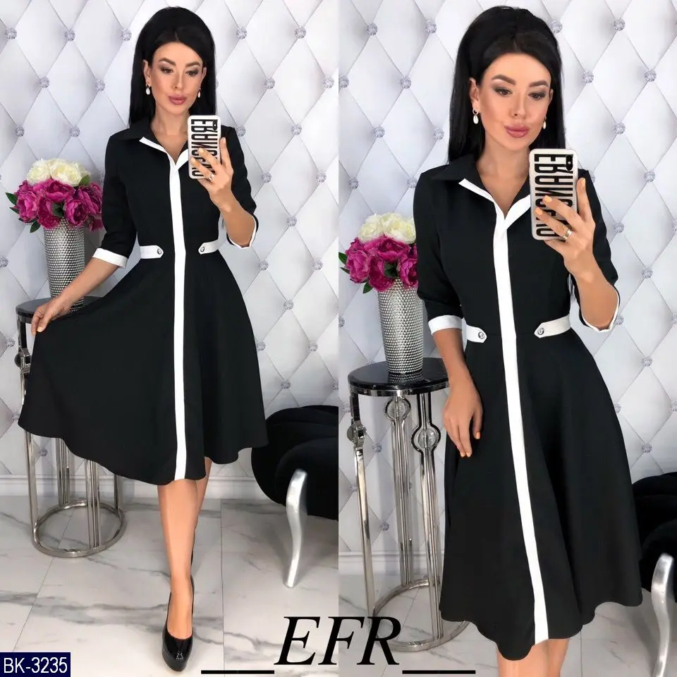 Новое Осеннее женское платье по колено с отложным воротником и белой окантовкой