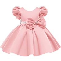 2022 summer fashion puff sleeve bowknot children dress solid color round neck princess dress girls dress birthday party dress