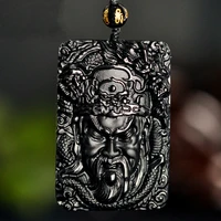 natural black obsidian hero guanyu jade pendant necklace chinese hand carved fashion jewelry amulet accessories for men women
