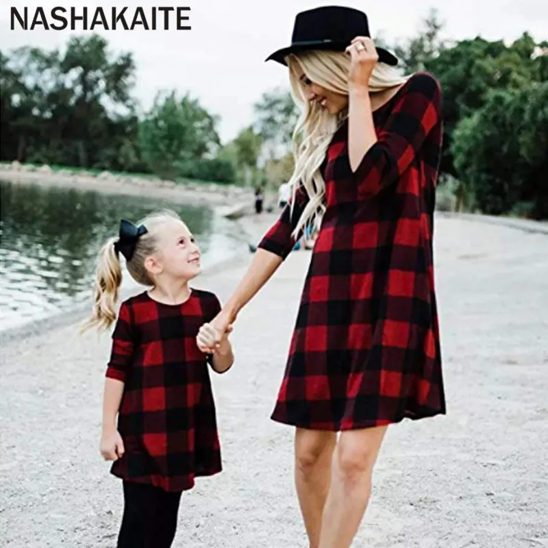 NASHAKAITE/модные платья для мамы и дочки; мини-платье в клетку с карманами в три четверти; одежда для мамы и дочки; платье для мамы и дочки