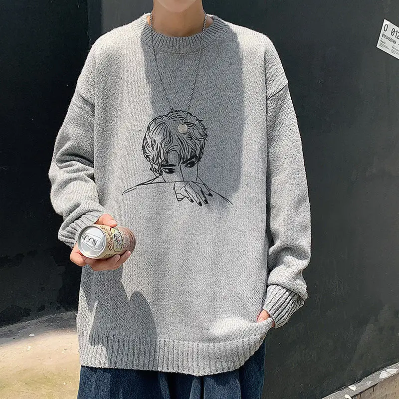 

Autumn Winter Thicken Sweater Men's Loose Simple Fashion O-neck Knitted All-match Japanese Oversize Printed Figure Pullovers Men