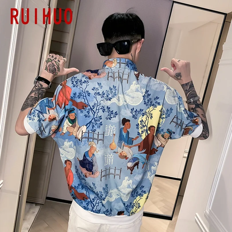 Повседневные рубашки RUIHUO с принтом в китайском стиле для мужчин одежда гавайская