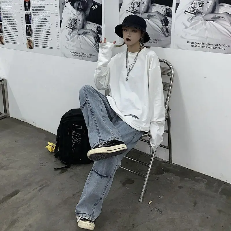 

Korean version ins Harajuku retro washed high waist jeans spring loose daddy straight leg wide leg pants men's and women's