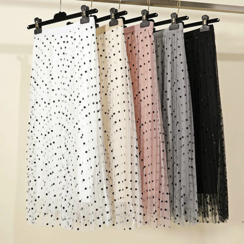 Весенне-Летние Плиссированные Длинные сетчатые юбки в горошек с эластичной