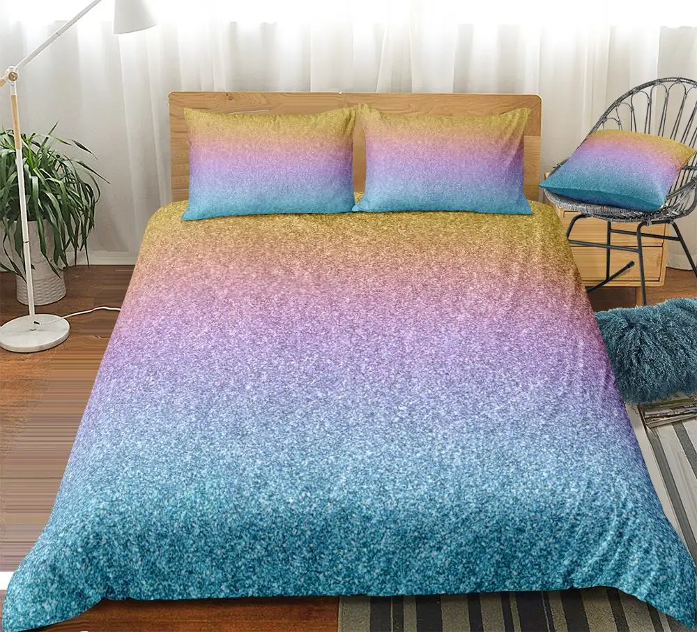 

Rainbow Glitter Duvet Cover Set Yellow Blue Multicolored Bedding Kids Girls Colorful Glitter Quilt Cover Queen Bed Set Dropship