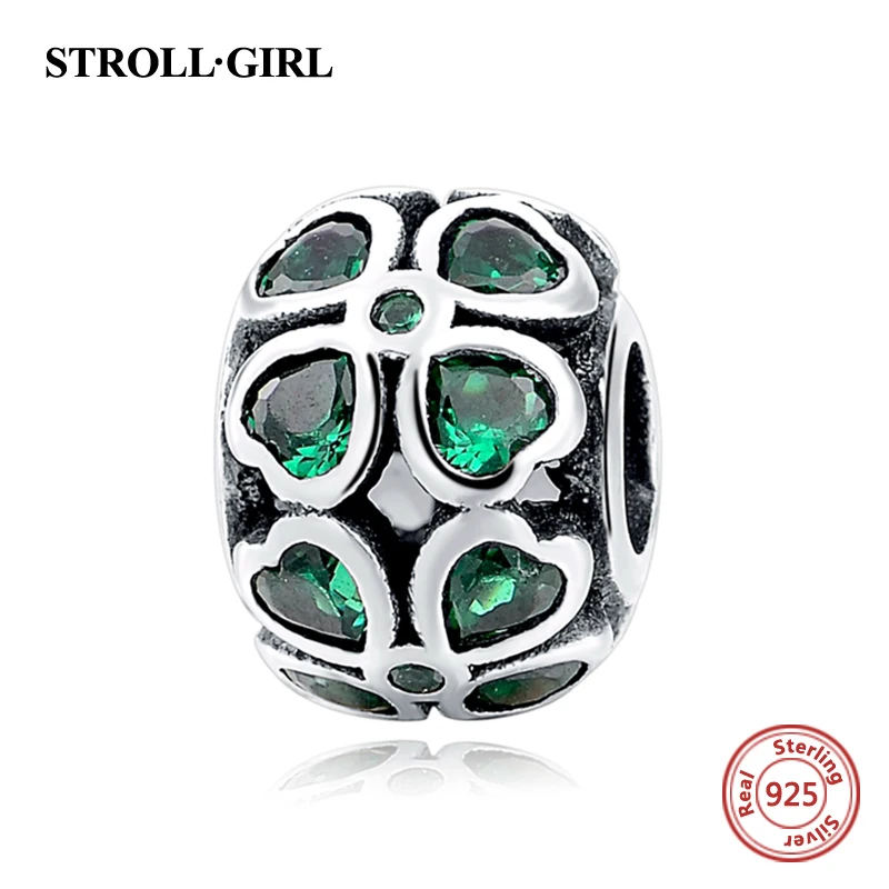 925 Sterling Silver Green Heart CZ Four Leaf lover Lucky charm Beads Fit Authentic DIY charms original Antique Jewelry Gifts