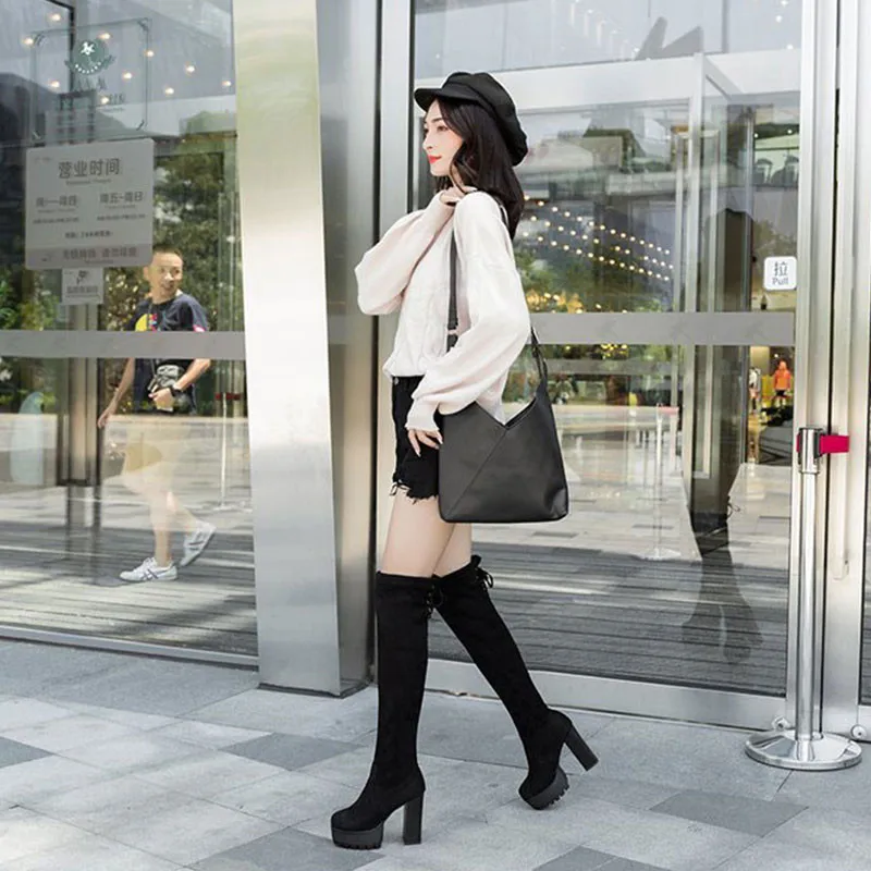 Женские сапоги до колена из искусственной кожи на блочном каблуке в стиле