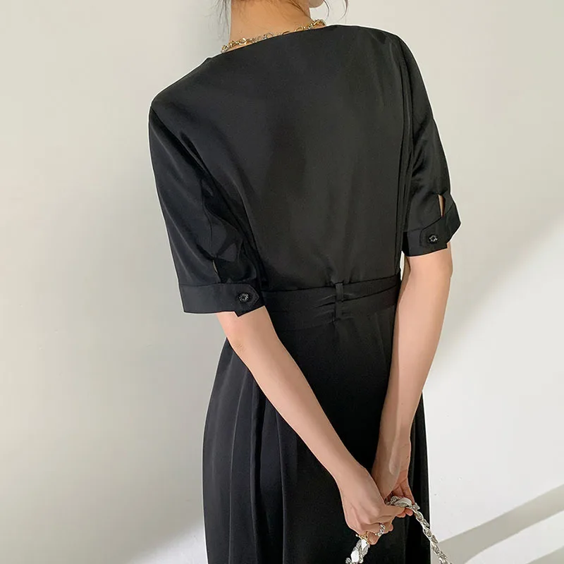 

ECRURANI Temperament Black Dress For Women V Neck Half Sleeve Sashes High Waist Loose Solid Dresses Female New 2021 Spring Tide