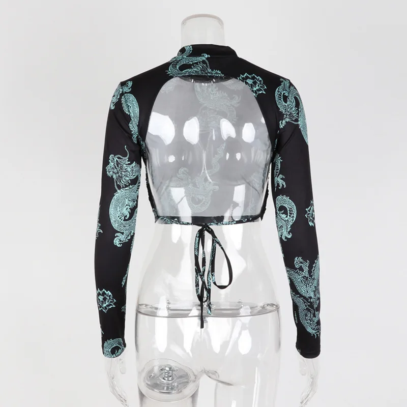 

2021 Women Dragon Pattern Print Crop T-shirts Tops Long Sleeve Backless Sexey Tees Top Women Cropped Skinny Elastic Clothing