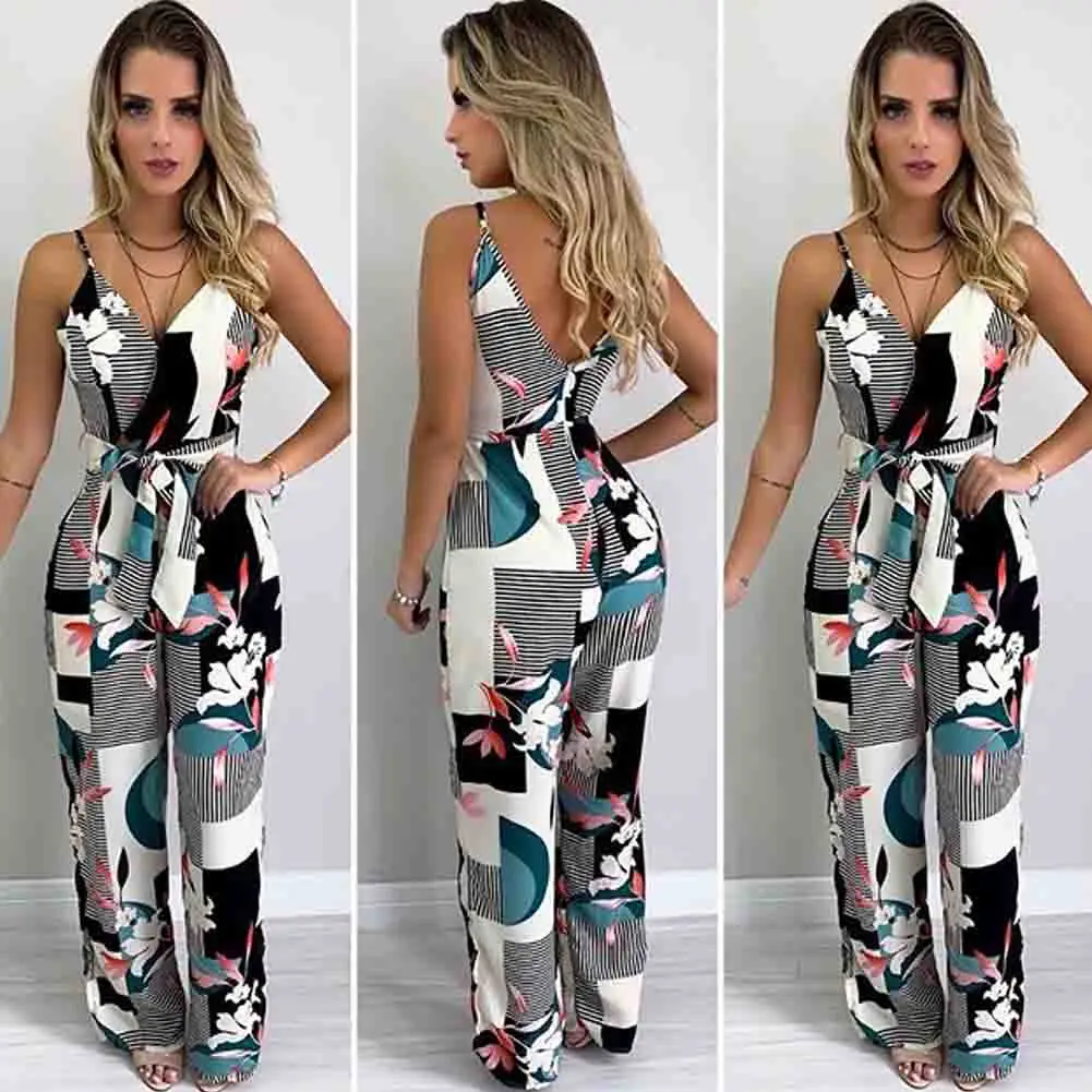 

Women Summer Boho Floral Jumpsuit Long Trousers Pants Spaghetti Strap V Neck Backless Street Office Jumsuits Clothes