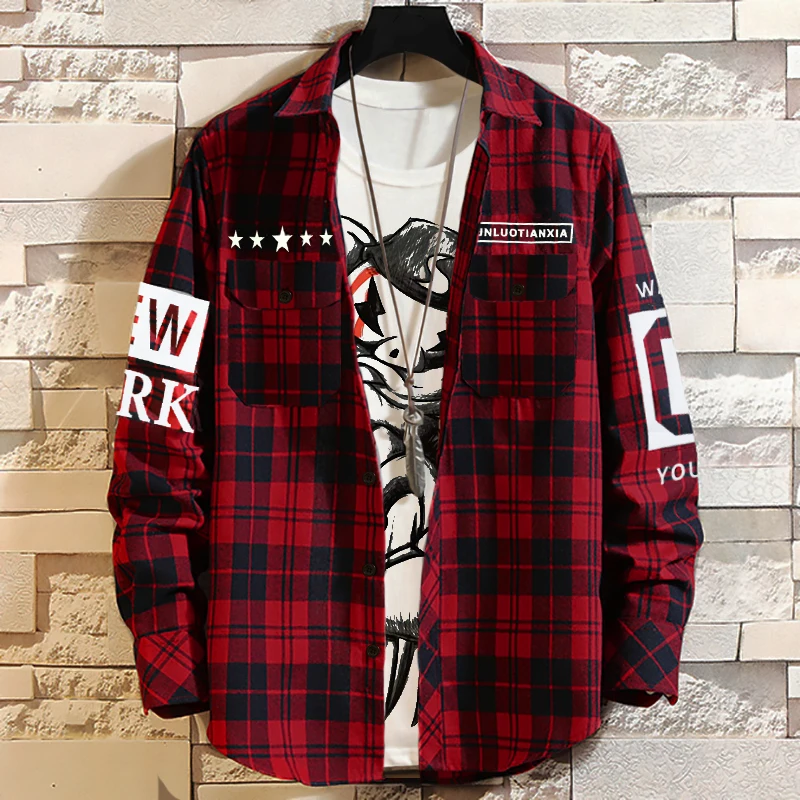 

2020 Men's Leisure Loose Shirt French Cuff Mens Long Sleeves Shirts Camisa Masculina Big Size 3XL-9XL Red Plaid shirt