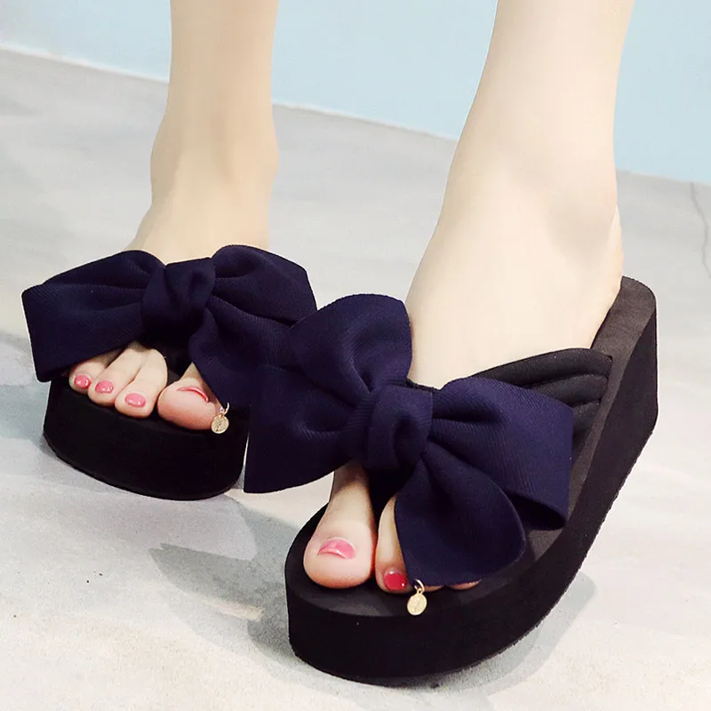 

Summer Women's Bowknot Sandals Indoor Beach Shoes Women's Shoes Outdoor Slope Heels Soft Casual Flower Slippers Thick Flip Flops