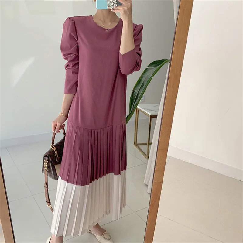 

Korean Women's Dress Elegant Pleasted Dresses Female Loose Stright Vestidos 2021 with Belt