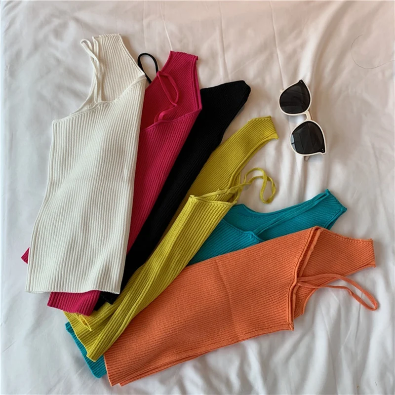 

Sexy Girls Croptop Vintage Tanks Knitting Camis Tops for Women Slim Korean Summer Sweater 2020 Fashion