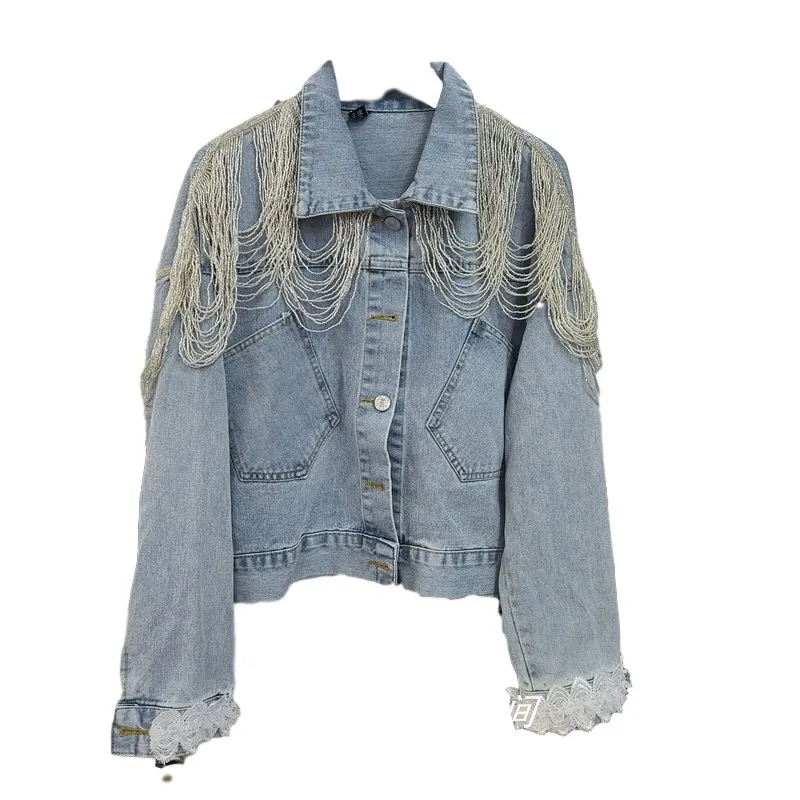 

2021 Spring Women's Jeans Jacket New Korean Style Jeans Coat Women's Lace Stitching Beaded Tassels Loose Short All-match Coats