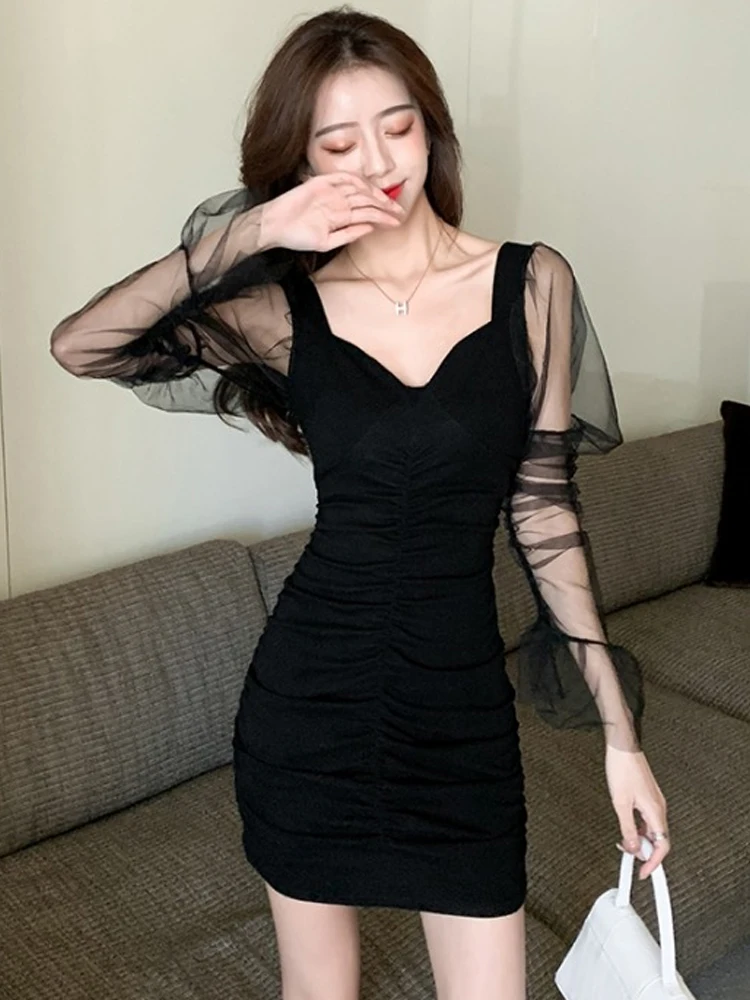 

Summer Black Dress Korean Mini Elegant Bodycon Pleated Slim Wrap Hip Long Sleeve Casual Lace Sexy Club Night Dress Women 2021