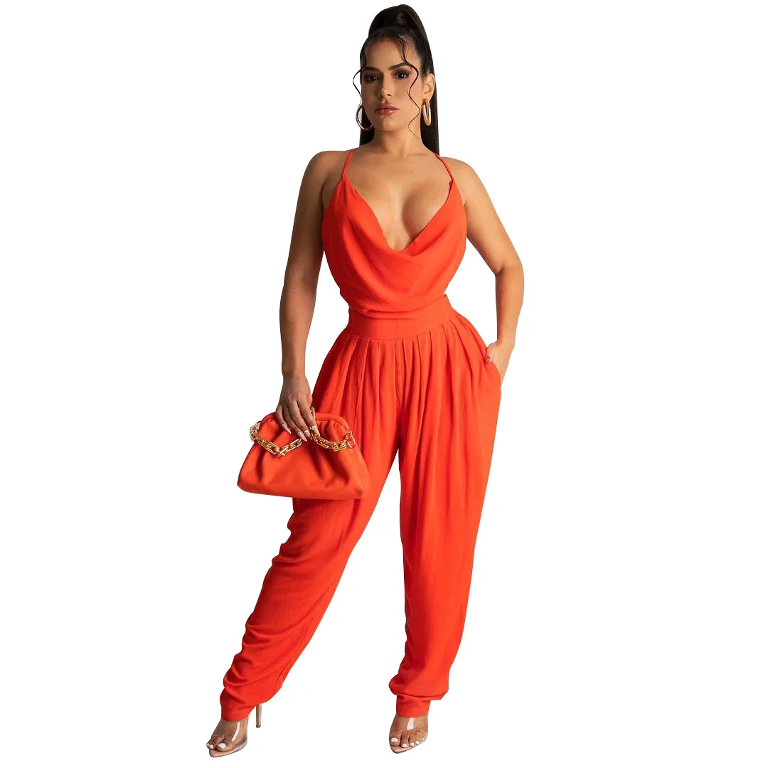 

European and American Women's Fashion Sexy Loose Back Deep V Solid Color Jumpsuit