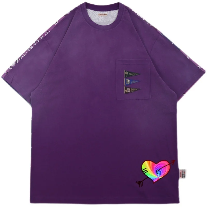 

Men Oversize KAPITAL MAN T-shirt Women High Quality Tianzhu KAPITAL Tee Back Cashew Flower Patchwork Tops Flags Short Sleeve