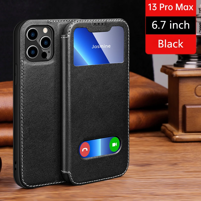 Магнитный чехол из 100% натуральной кожи с окошком для экрана iPhone 13 12 11 Pro MAX X XR XS 7 8