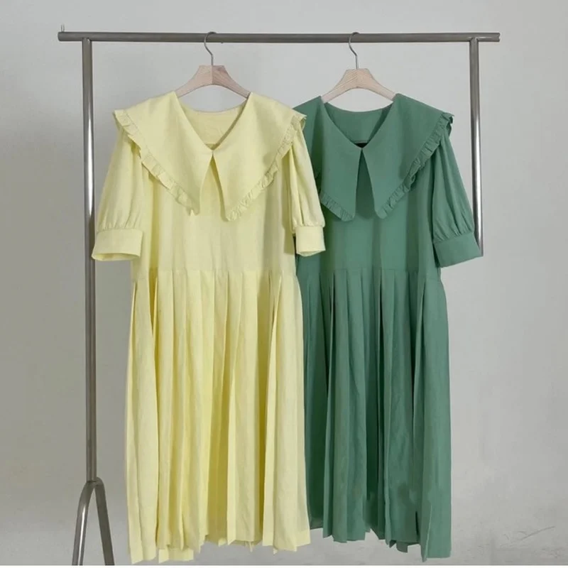 

ZAWAHIKI Korean Elegant Women's Dress Summer Peter Pan Collar Puff Sleeve Sashes Slim Waist Pleated Dress Solid Mid-calf Dress