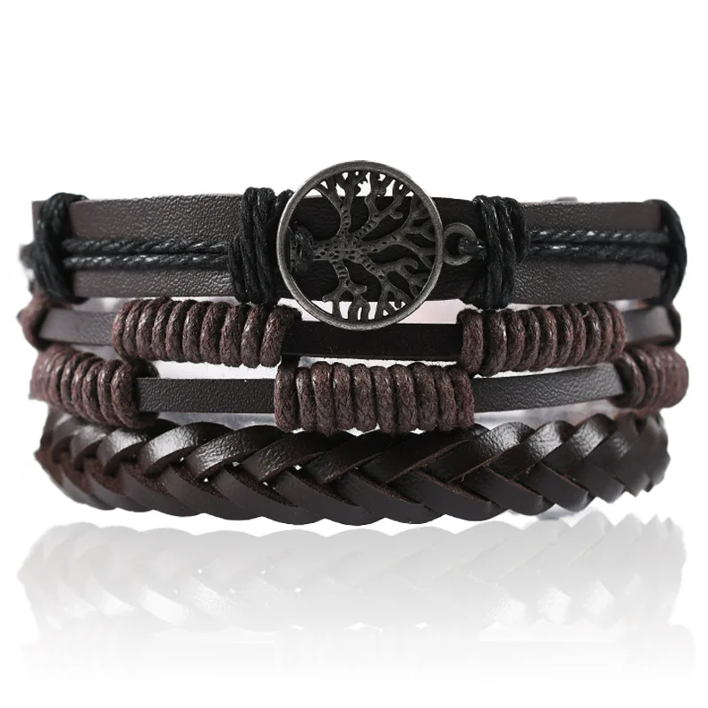 

Cross-border Hot Selling Multi-layer Three-piece Hand-woven Bracelet with Retro Style Peace Tree Cowhide Simple Men's Bracelet